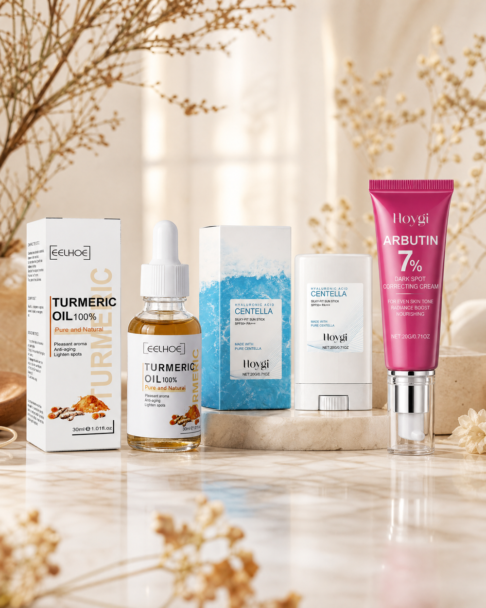 The Face Ritual bundle — turmeric serum, Arbutin cream and SPF sun stick