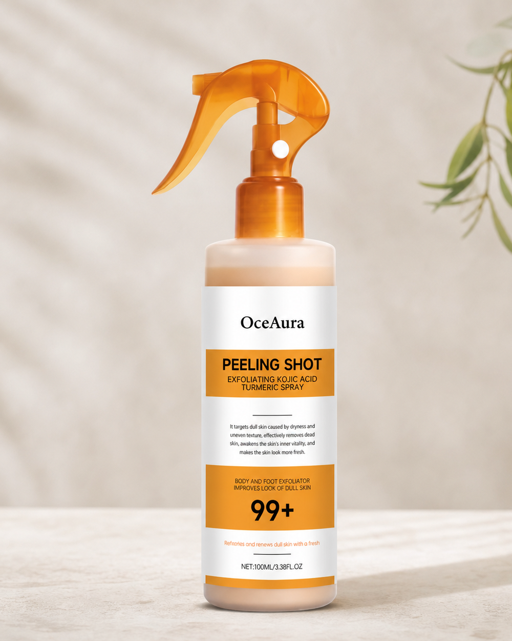 Kojic acid and turmeric exfoliating body peel spray bottle on a warm neutral background