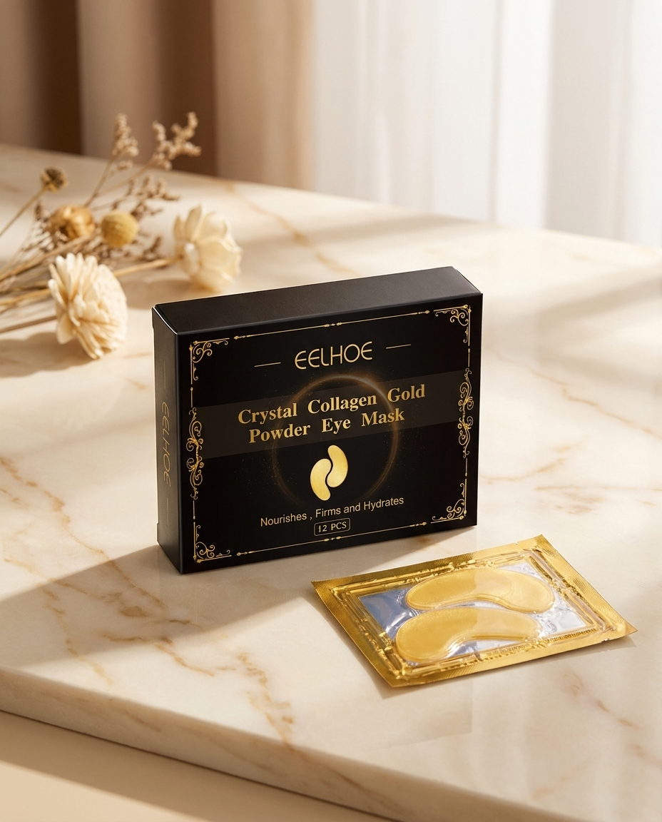 Collagen Gold Under-Eye Masks on marble with dried botanicals