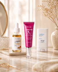 The Face Ritual hero — serum, Arbutin cream and sun stick trio