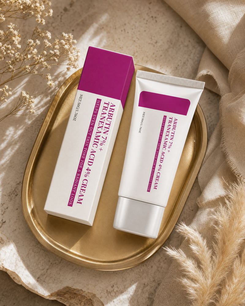Arbutin 7% + Tranexamic Acid 4% Cream tube and carton on a gold tray with marble, dried florals and linen
