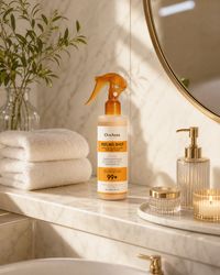 Kojic turmeric body peel spray styled on a bathroom shelf