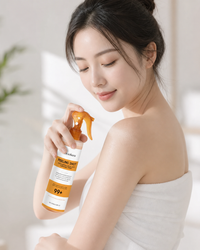 Applying kojic turmeric body peel spray to the shoulder for smoother looking skin