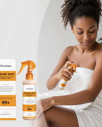 Woman spraying the exfoliating body peel spray onto her arm