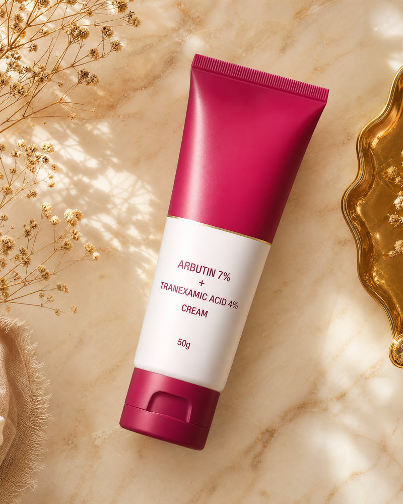 Arbutin brightening cream flat-lay on warm marble with gold accents and dried flowers