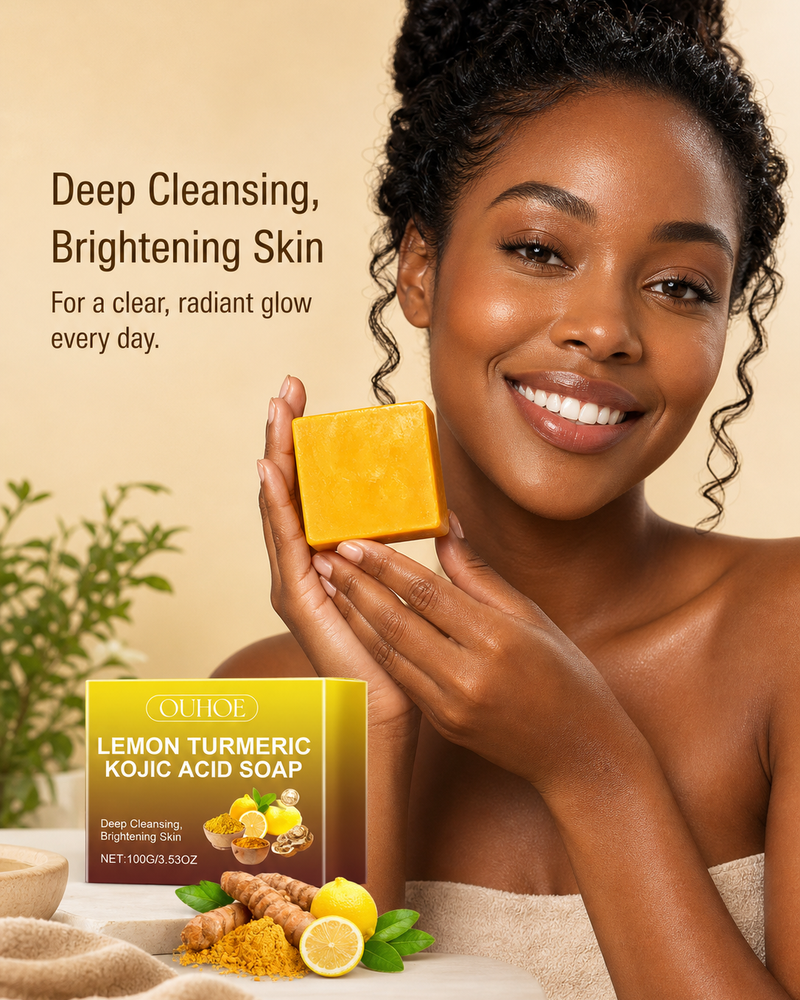 Woman with glowing even skin holding the turmeric kojic acid glow bar