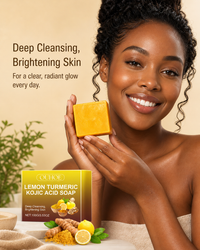 Woman with glowing even skin holding the turmeric kojic acid glow bar
