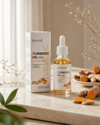 Turmeric Dark Spot Serum hero with amber bottle, white box and turmeric root
