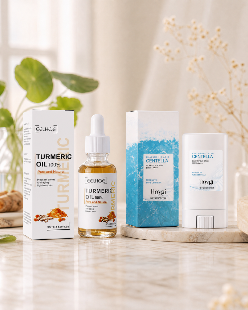 Day & Night Duo — EELHOE turmeric serum and Hoygi Centella sun stick on marble