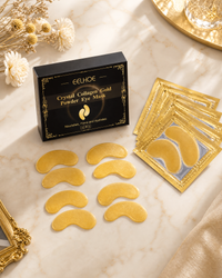 Collagen Gold Under-Eye Masks box close-up with gold sachet and patches