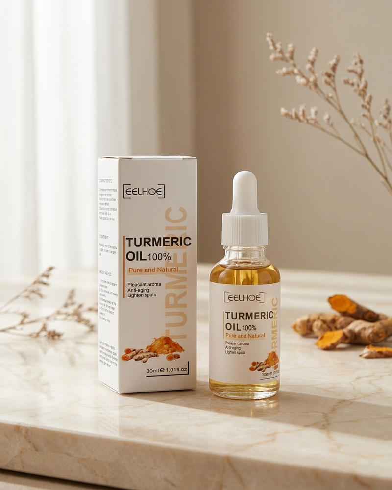 Turmeric Dark Spot Correcting Serum on marble with turmeric root