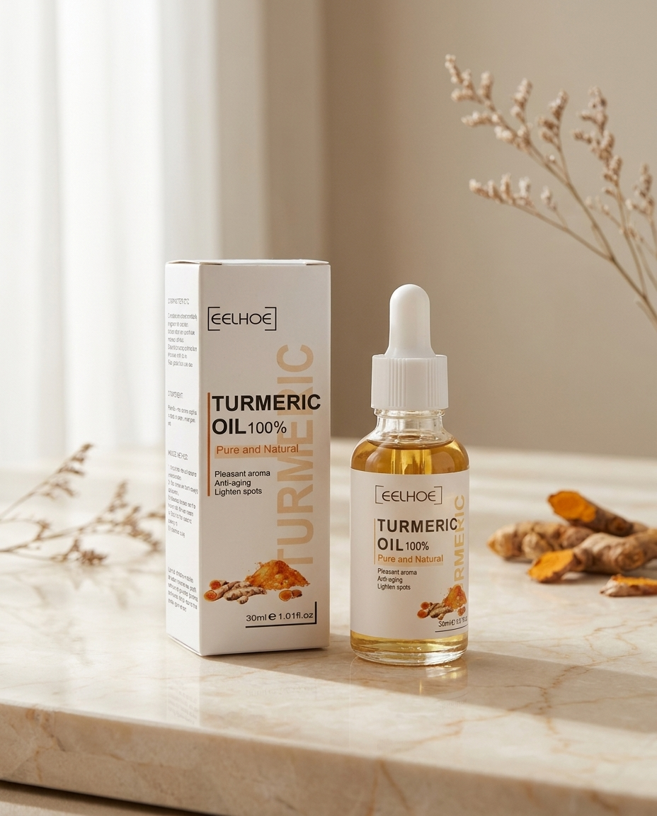 Turmeric Dark Spot Correcting Serum on marble with turmeric root
