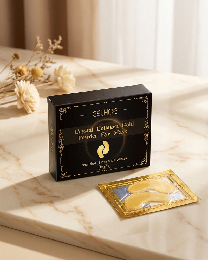 Collagen Gold Under-Eye Masks on marble with dried botanicals