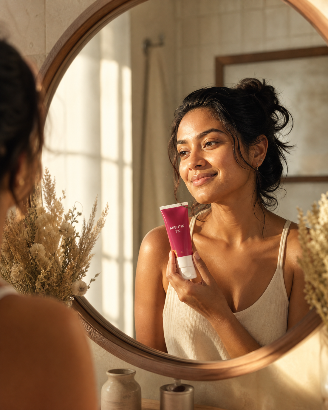 Woman with even glowing skin in golden light